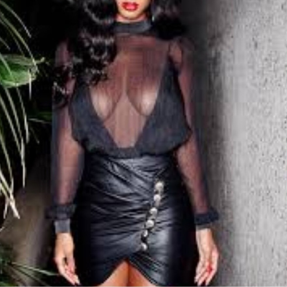 House of CB London Omaira black sheer plunging bodysuit size small